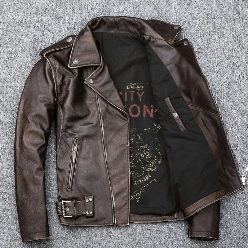 MAPLESTEED Brown Distressed Motorcycle  Men 100% Calf Skin Classic Slim Leather Jacket Man Moto Biker Coat Winter 5XL M190