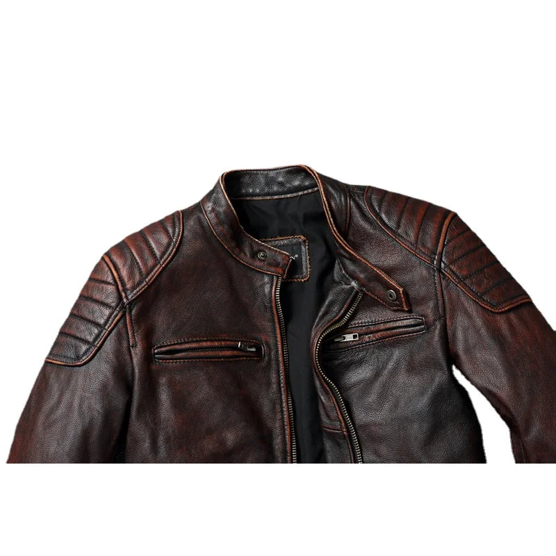 Vintage Red Brown Men Leather Jacket 100% Cowhide Jackets Slim Fit Soft Skin Coat Autumn Jaqueta Masculina De Couro