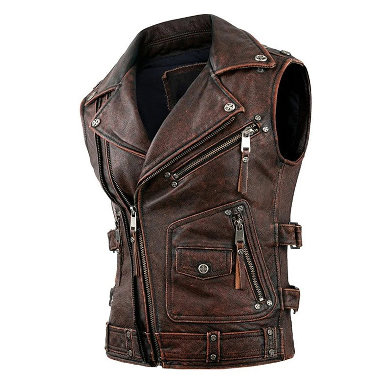 Fashion Motorcycle Vest Black Real Cowhide Genuine Leather Vests Men Motor Riding Vest Leather Sleeveless Jacket Autumn Winter