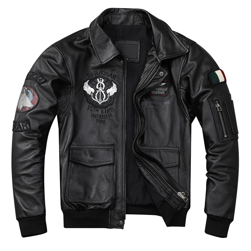 Embroidery Men Leather Jacket Top Layer Cowhide Flight Jackets Military Cow Leather Coat Biker Clothing Motorcycle Riding Coats