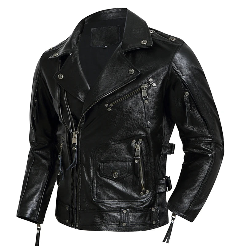 Men Leather Jacket Biker Clothes Genuine Cowhide Jackets Slim Stone Grinding Vintage Motorcycle Coat Chaquetas Moto Hombre