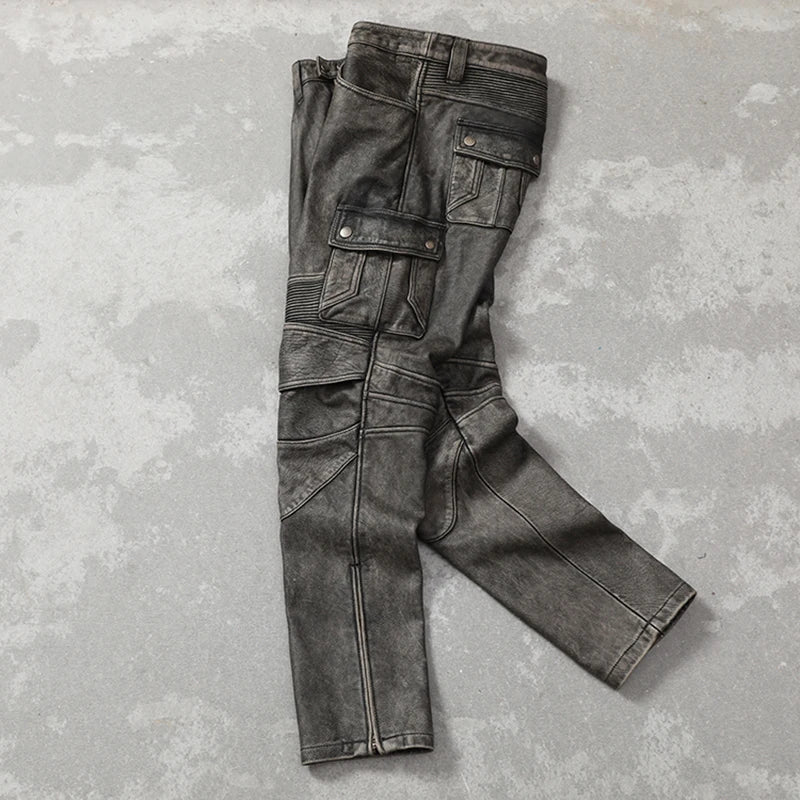 Vintage Gray Genuine Cowhide Leather Pants Men Motorcycle Biker Leather Trousers Autumn Winter Men Leather Pants Calca Masculina