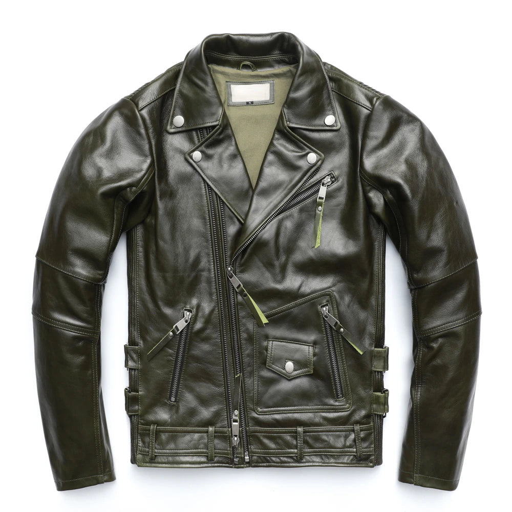 Black Motorcycle Leather Jacket Men Natural Genuine Cowhide Slim Fit Vintage Brown Mens Biker Racer Jackets Oblique Zipper S~9XL