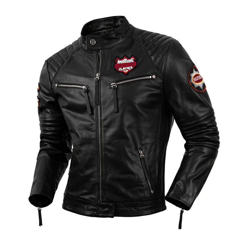 Indian Skull Embroidery Motorcycle Jacket Real Cowhide Leather Jacket Mens Motor Riding Coat Bomber Clothes Autumn Winter