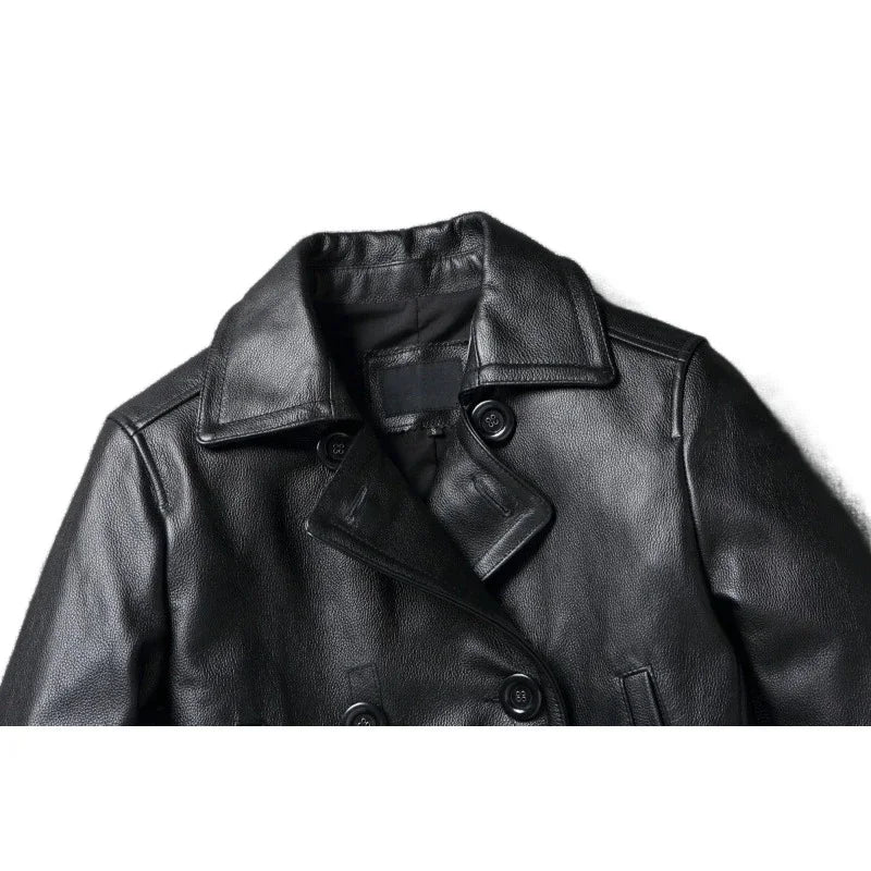 Long Men Leather Coat Genuine Soft Cow Leather Classic Double Breasted Turn Down Collar Leather Jackets For Men Clothing Autumn