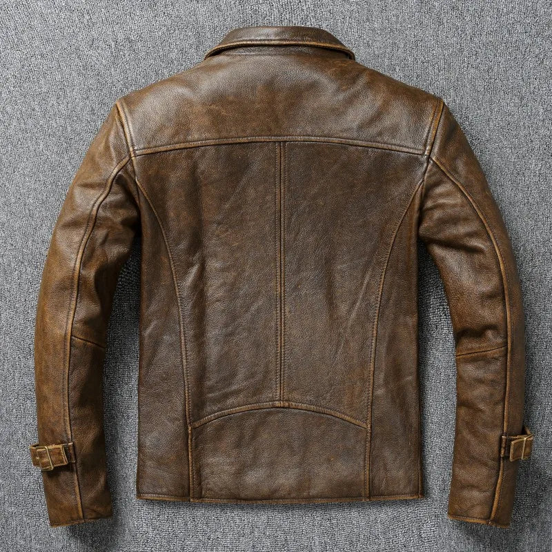 Heavy Milled Vintage Brown Head Layer Real Cowhide Jacket Men Genuine Leather Coat Multi-Pocket Hunting Jackets Biker Coat