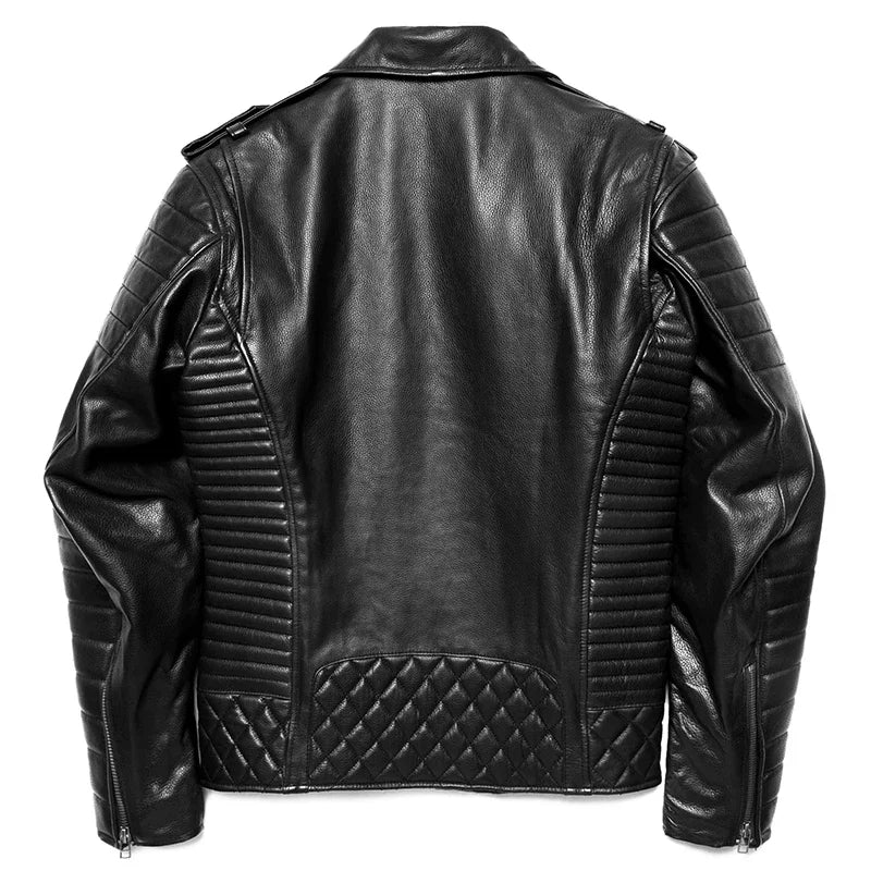 Black Cowhide Genuine Leather Jacket Men Motocycle Jackets Soft Bomber Riding Biker Clothing Men Leather Jacket Autumn Coat
