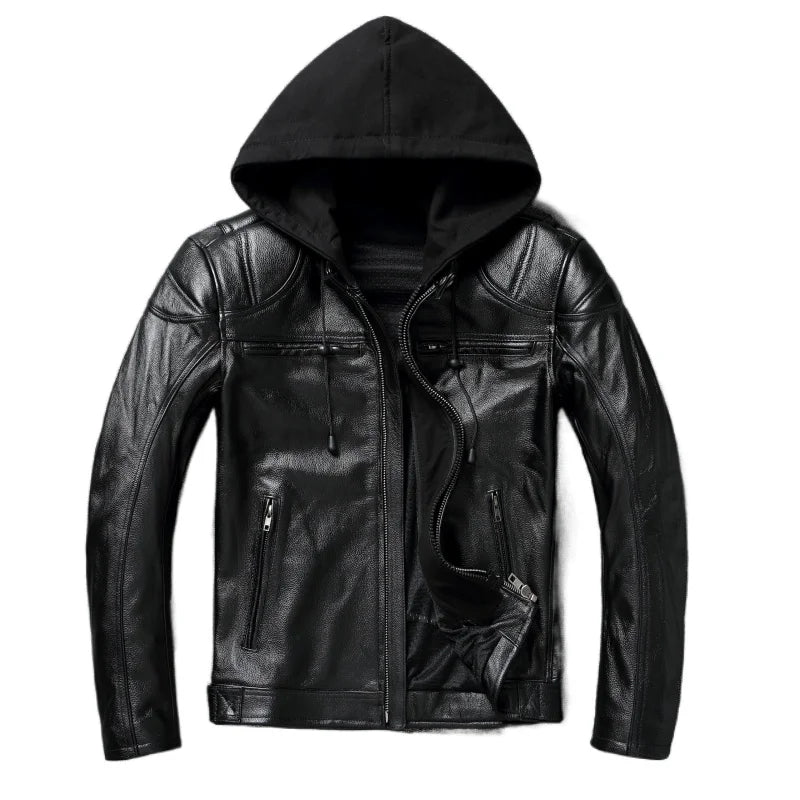 Thick Genuine Cowhide Leather Jacket Hood Classic Motorcycle Jackets Detachable Protective Men Leather Jacket Winter Biker Coat