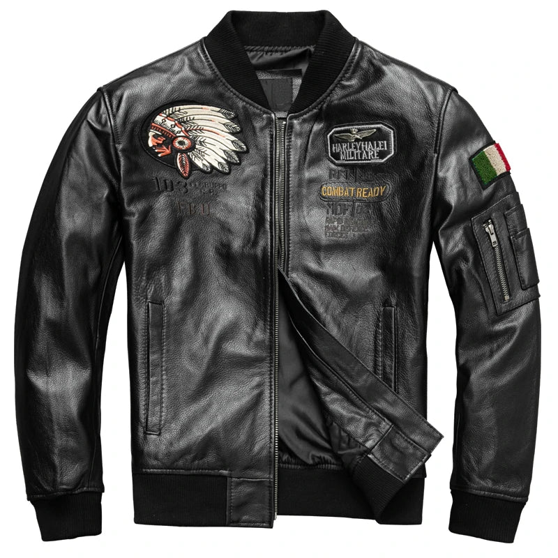 New Fashion Indian Embroidery Baseball Jacket   Natural Genuine Leather Coat Men's Cowhide Leather Motorcycle Slim Jackets