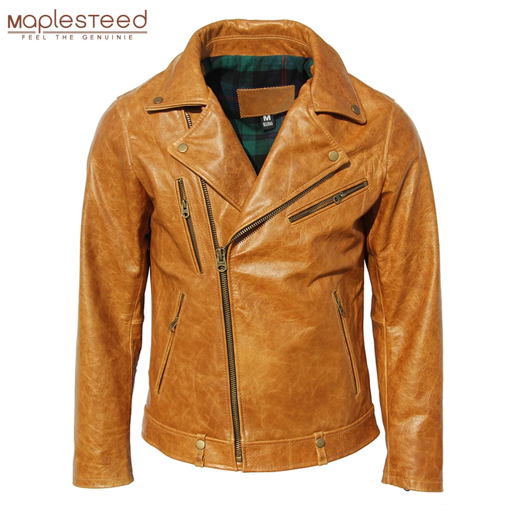 Natural Oil Waxed Cow Leather Jacket For Men Biker Clothes Yellow Brown Burgundy Soft Genuine Sheepskin Coat Spring Autumn M003