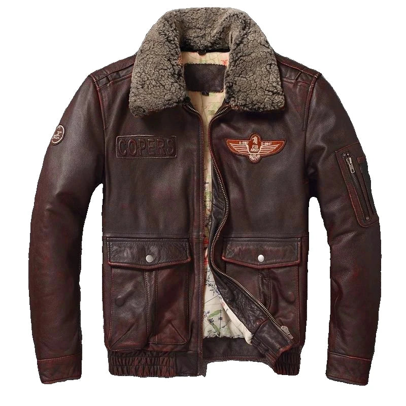 Vintage Genuine Leather Jacket Men Flight Jackets Natural Fur Collar Aviation Bomber Coats Mens Motorcycle Jackets Biker Coats