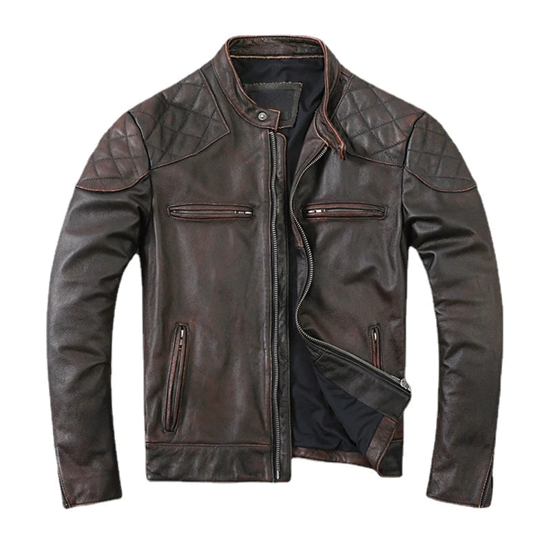 Spring and Autumn Natural Cowhide Leather Jacket Men Motorcycle Jackets Biker Clothing Man Slim Real Leather Coat