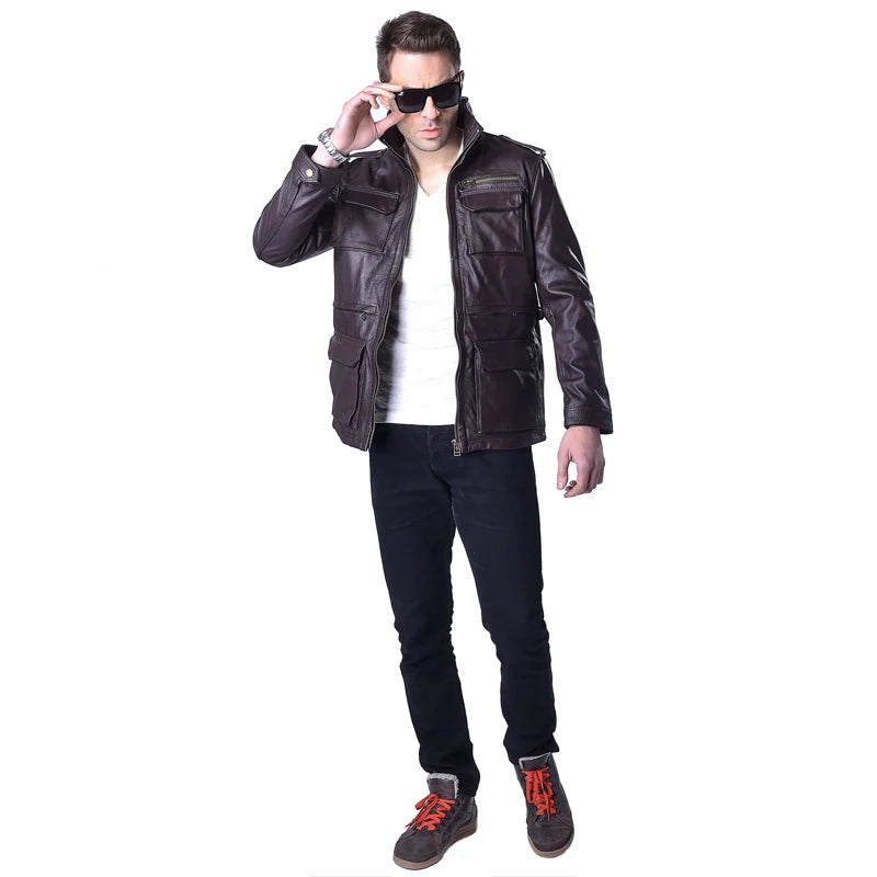 M65 Genuine Leather Jacket Men Long Real Cowhide Military Clothes Male Leather Coat Autumn M143