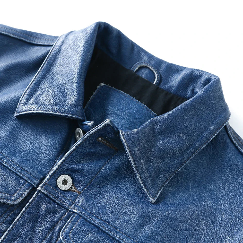 Vintage Blue Men Leather Jacket Slim Fashion 100% Natural Cowhide Jackets Man Genuine Leather Coat Autumn Spring Asian Size M234