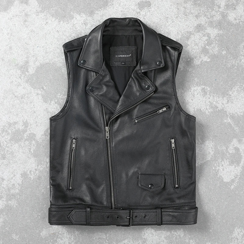 Black Cow Leather Biker Vest With Belt Moto Biker Men Genuine Leather Vest Motorcycle Waistcoat Men Leather Jacket Sleeveless
