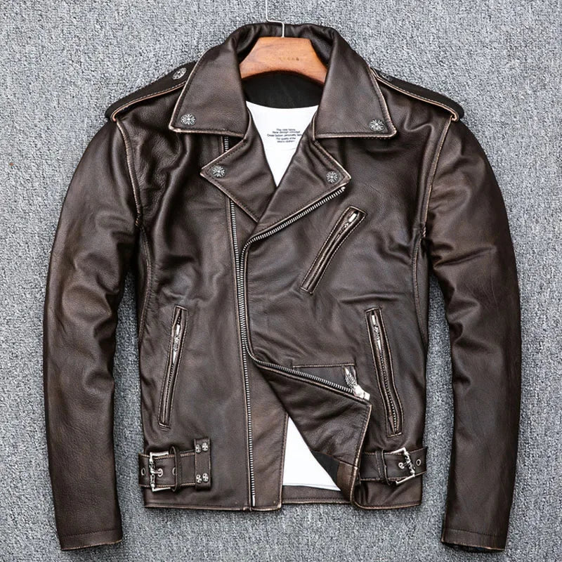 MAPLESTEED Brown Distressed Motorcycle  Men 100% Calf Skin Classic Slim Leather Jacket Man Moto Biker Coat Winter 5XL M190