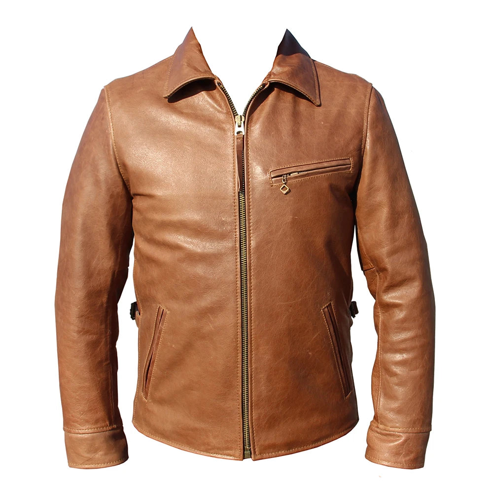 Oil Waxed Cowhide Genuine Leather Jacket Men Color Changes Slim Fit Real Skin Coat Autumn Chaqueta Cuero Hombre Mens Jackets