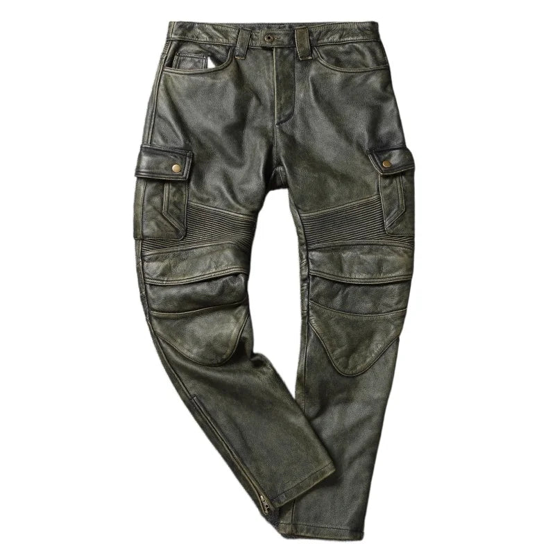 Vintage Army Green Men Leather Pant Genuine Cowhide Motorcycle Pants Mens Leather Trousers Calca Masculina Pantalones Hombre