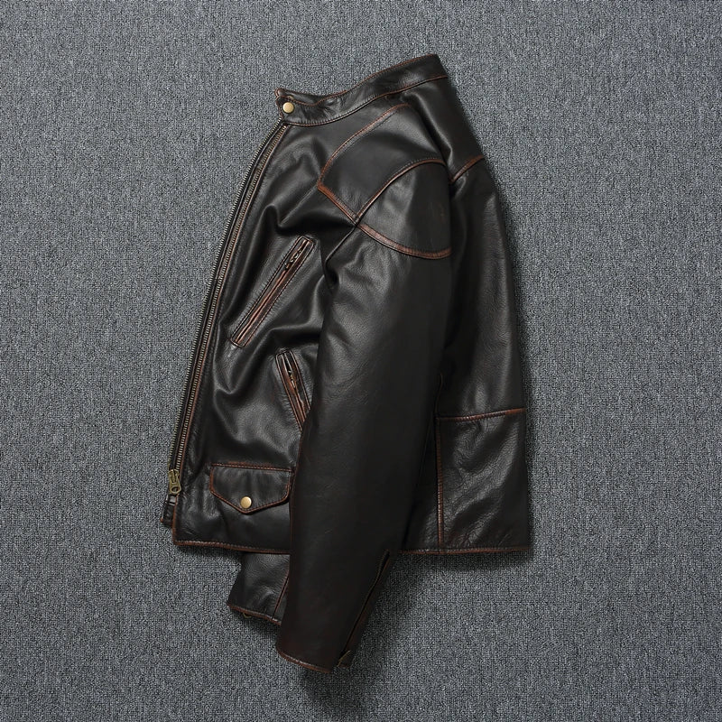 Vintage Genuine Cowhide Leather Jacket for Men Retro Motorcycle Jackets Standing Collar Genuine Leather Jacket Men