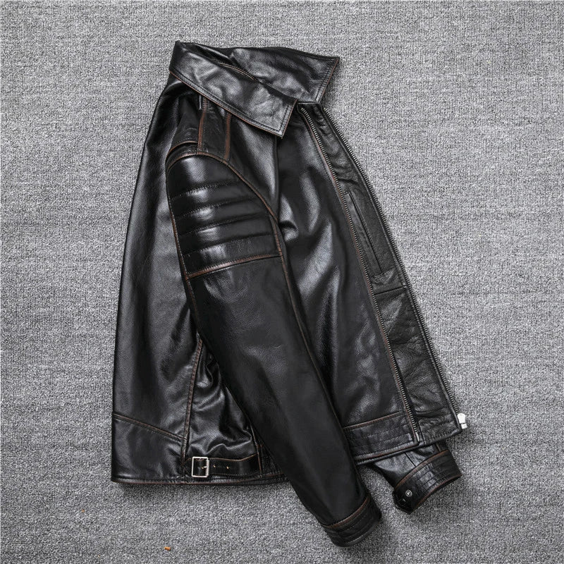 New Style Edging Brown Vintage Genuine Leather Jacket Men Cowhide Slim Fashion Biker Jackets Clothing Big Size S-5XL