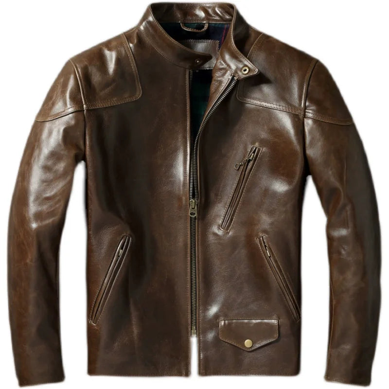 Vintage Genuine Cowhide Leather Jacket for Men Retro Motorcycle Jackets Standing Collar Genuine Leather Jacket Men