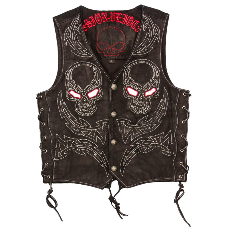 Vintage Skulls Embroidery Motorcycle Leather Vest 100% Genuine Cowhide Short Men Biker Leather Vest Moto Leather Waistcoat M450