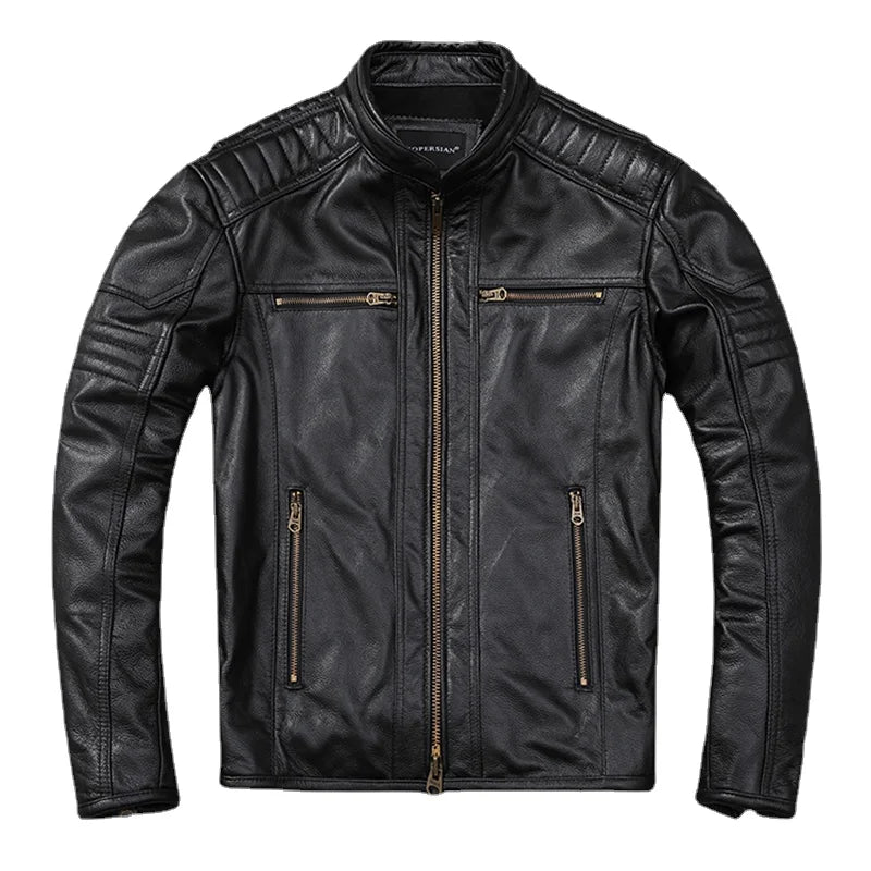 Classical Men Genuine Leather Motorcycle Jackets 100%Top Layer Cowhide Black Biker Coat Spring Autumn Calfskin Leather Jacket