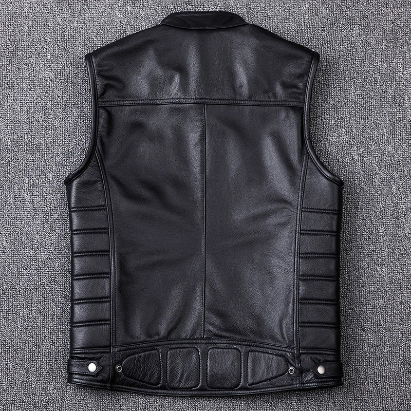 New Genuine Cowhide Leather Vest Men's Motorcycle Biker Vests High Quality Stand Collar Sleeveless Jackets Zipper Waistcoat