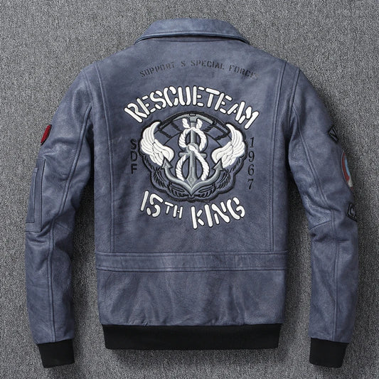 Men Leather Jacket Indian Embroidered Skull Bomber Clothes Aviator Military A2 Flight Jackets Top Layer Cow Leather Coat Autumn