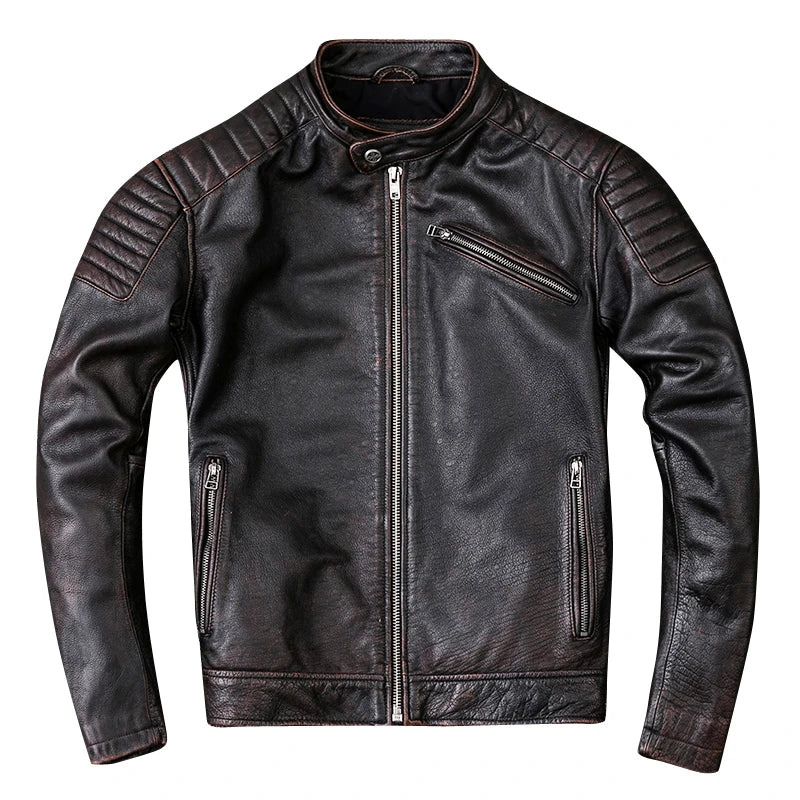 Spring Autumn Motorcycle Genuine Leather Jacket Men's Real Cowhide Coat Vintage Brown Slim Fit Clothes Chaqueta De Los Hombres