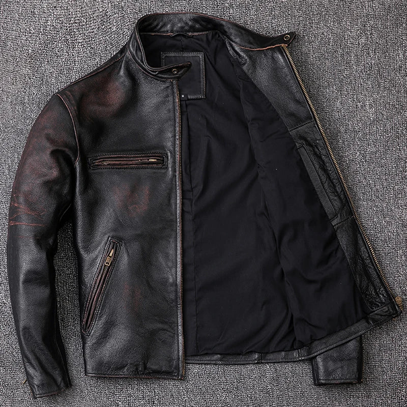 Men Leather Jacket Vintage Black 100% Natural Genuine Cowhide Coats Men's Leather Coat Male Clothes Autumn M210