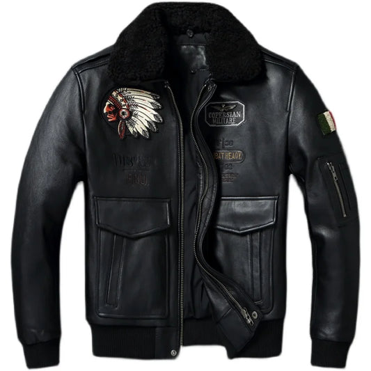 Embroidery Quilted Genuine Sheepskin Coat Winter Natural Fur Collar Soft Men Leather Jacket Flight Coats Aviator Clothes