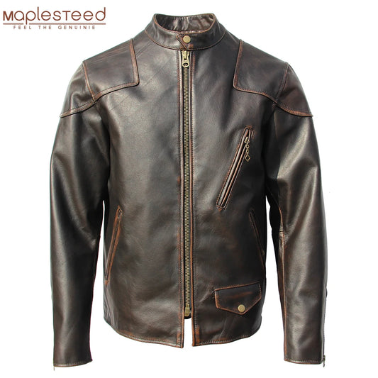 Top Layer Cow Leather Jacket Men Fashion Natural Oil Waxed Variable Color Brown Genuine Leather Coat Vintage Edged By Handing