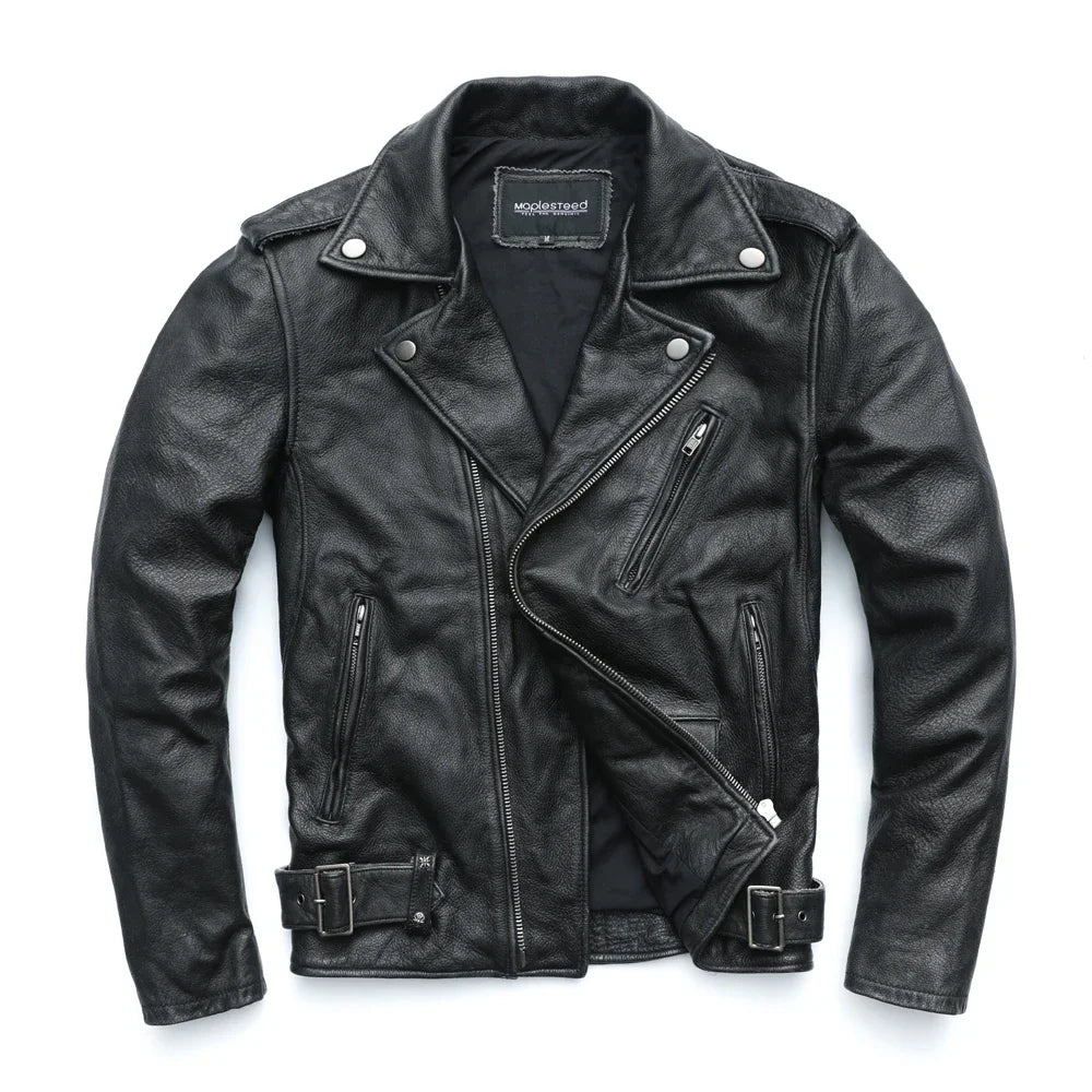 MAPLESTEED Vintage Washed Black Motorcycle Jacket Men Genuine Leather Jackets 100% Cowhide Coat Moto Biker Jacket M-5XL M456