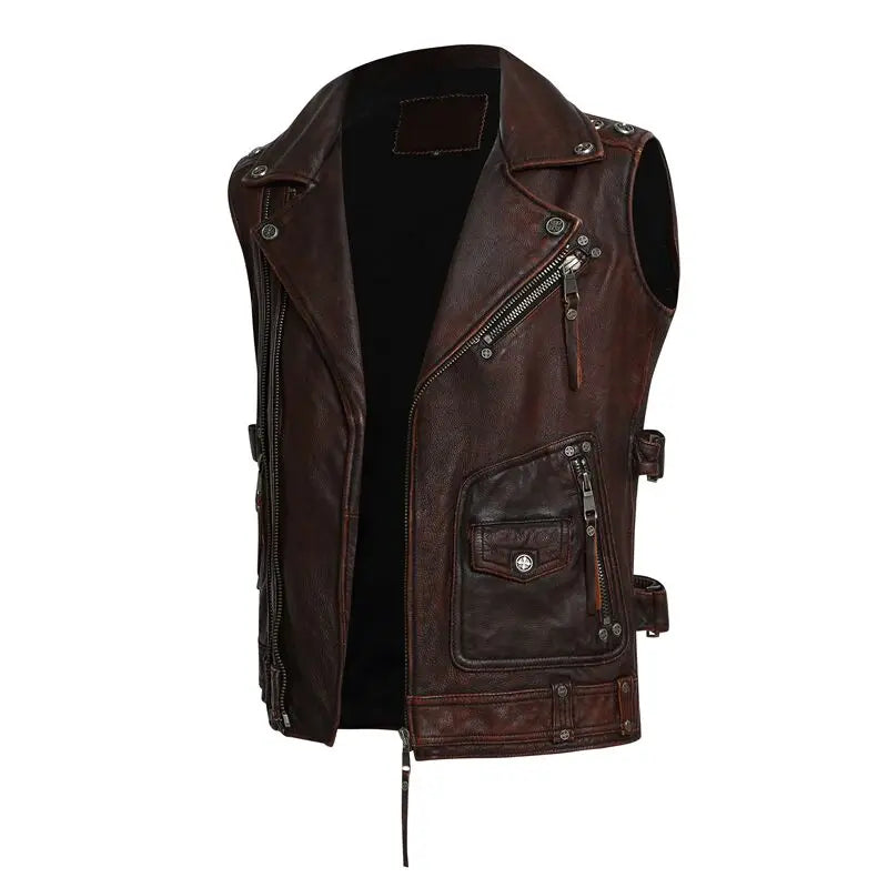 Vintage Brown Genuine Cow Leather Vest Men Motorcycle Vests Black Men's Biker Jacket Sleeveless Motor Club Riding