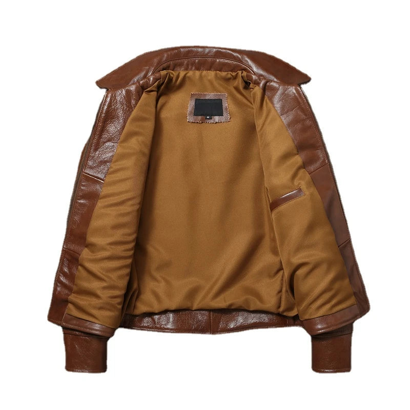 Brown Oil Waxed First Layer Cowhide Leather Jacket Men Fashion Swallowtail Style Slim Fit Leather Coat Men's Clothing Asian Size