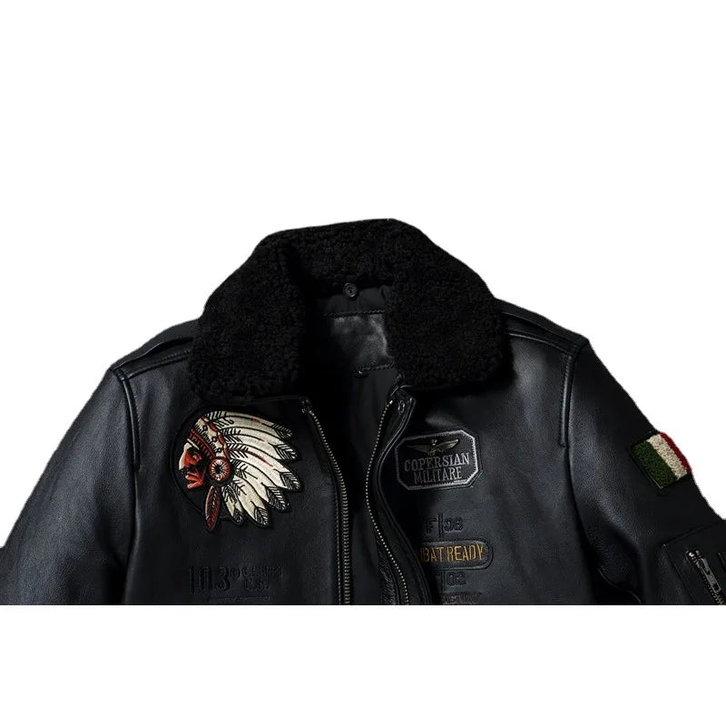 Embroidery Quilted Genuine Sheepskin Coat Winter Natural Fur Collar Soft Men Leather Jacket Flight Coats Aviator Clothes