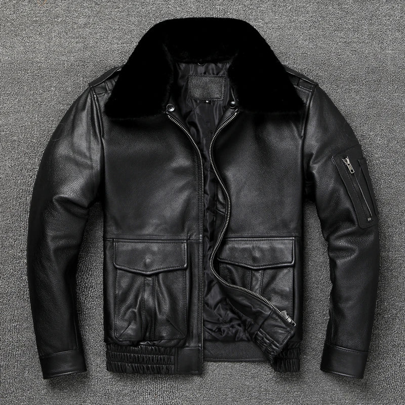 Men Leather Jacket Genuine Cow Leather Natural Fur Collar Flight Jackets Mens Cowhide Coats Winter Air Force Clothes