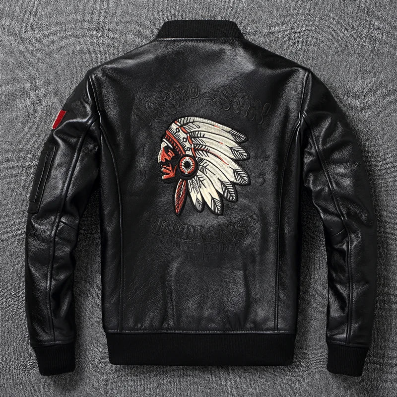 Indian Embroidery Baseball Coat Genuine Cowhide Casual Leather Jackets for Men Leather Jacket Spring Autumn