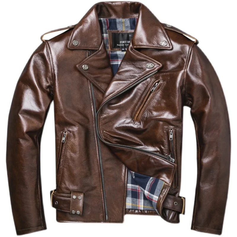 New Natural Oil Wax Calf Skin Jackets Men's Vintage Yellow Brown Leather Jacket Thick Turn Cowhide Slim Coats