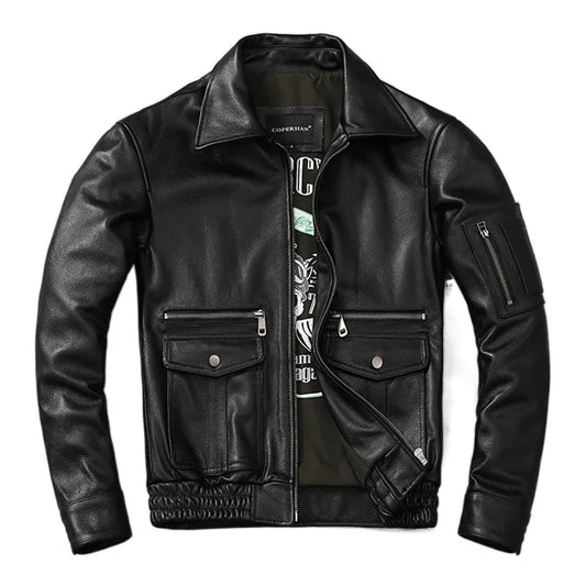 New Fashion Genuine Leather Cowhide Lapel Flight Suit Style Leather Multi-pockets Men Leather Jacket Aviator Jackets Autumn