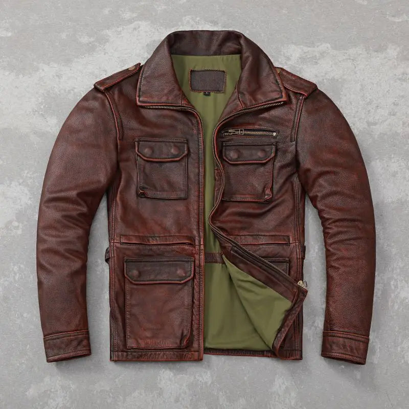 M65 Hunting Leather Jackets Long Vintage Red Brown Genuine Cowhide Men Leather Jacket Pockets Real Skin Coat Autumn 오토바이