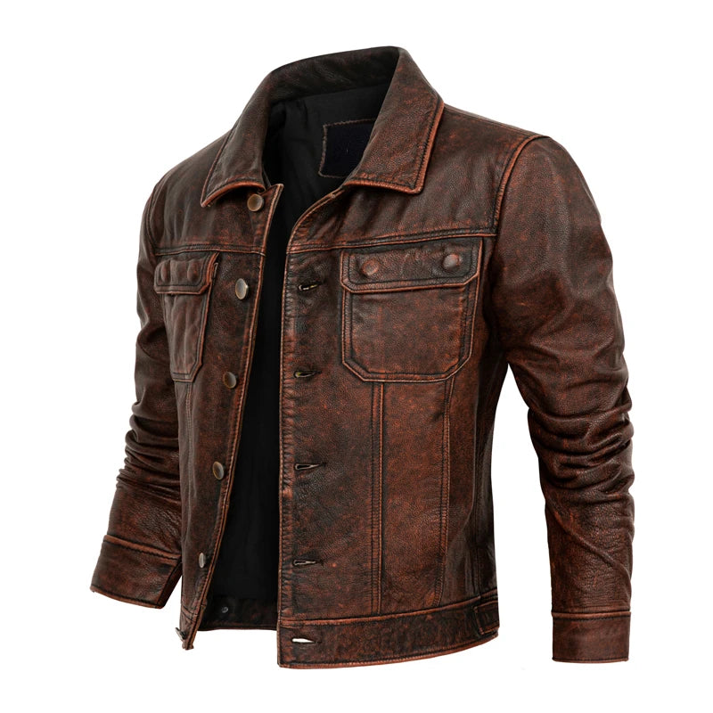 Cow Leather Jacket Men Real Cowhide Coat Men's Stone Milled Vintage Leather Jacket Mens Clothing Cow Coats For Men Autumn