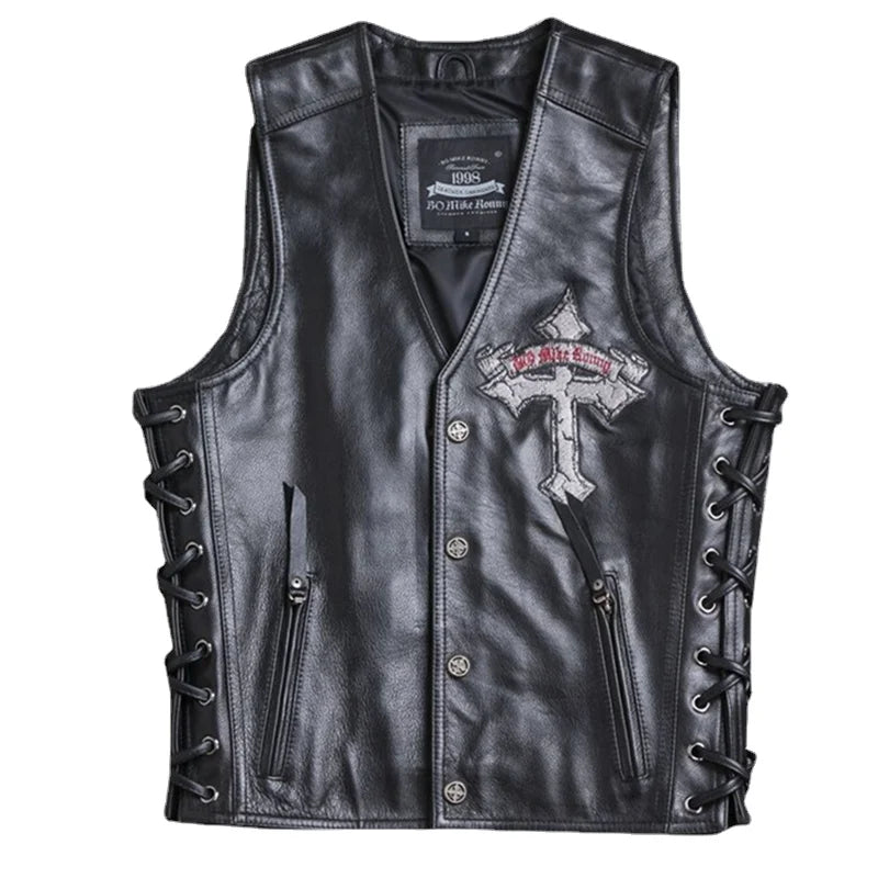 New Skull Embroidered Leather Waistcoat Men's Natural Cowhide Real Leather Slim Motor Vest Cross Motorcycle Biker Vest