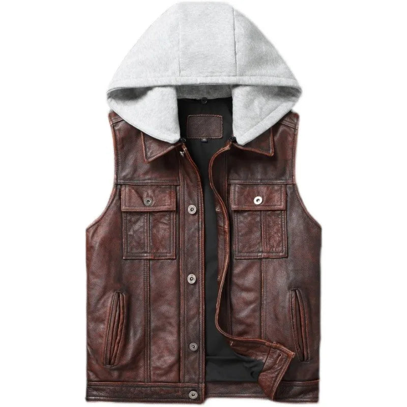 Men Vest Hood Genuine Cowhide Leather Vests Black Vintage Red Brown Motorcycle Biker Riding Vest Genuine Leather Waistcoat