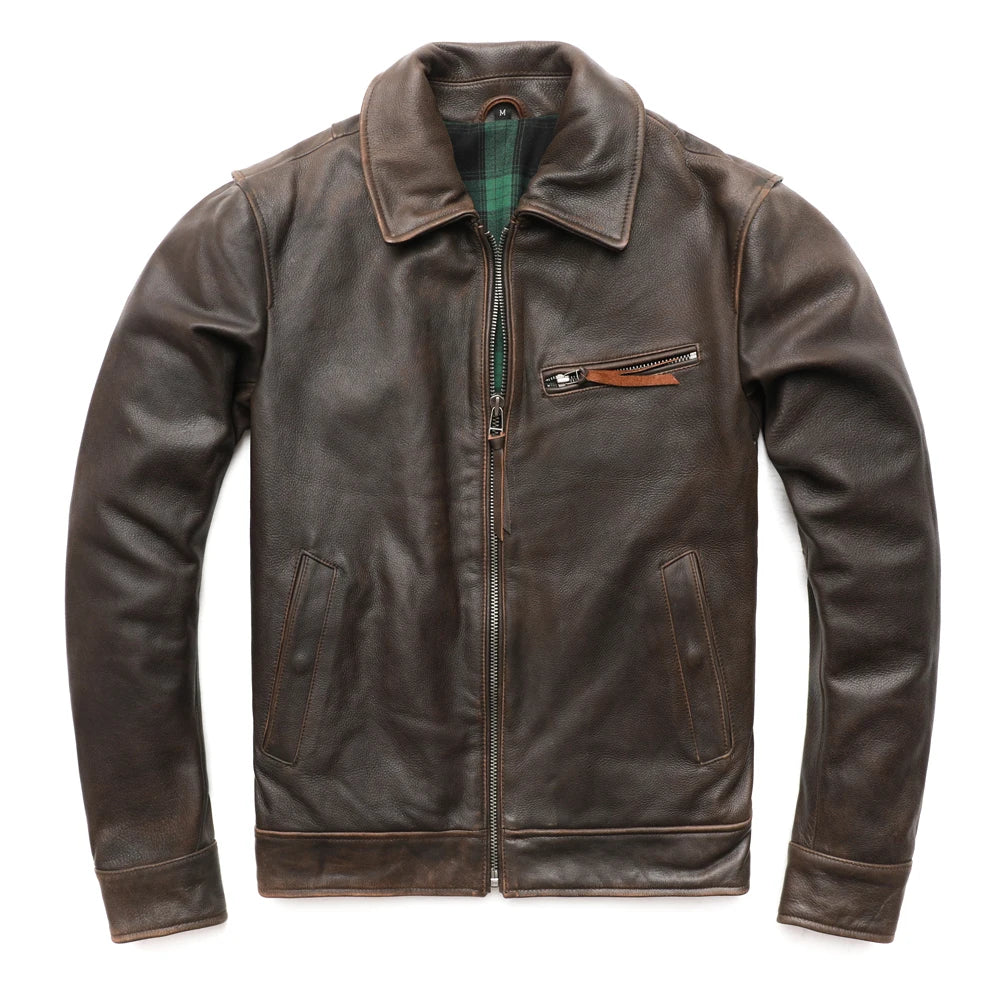 MAPLESTEED Super Vintage Men Leather Jacket Thick Soft Natural Cowhide Real Leather Coat Winter Sleeve 65-68cm M429