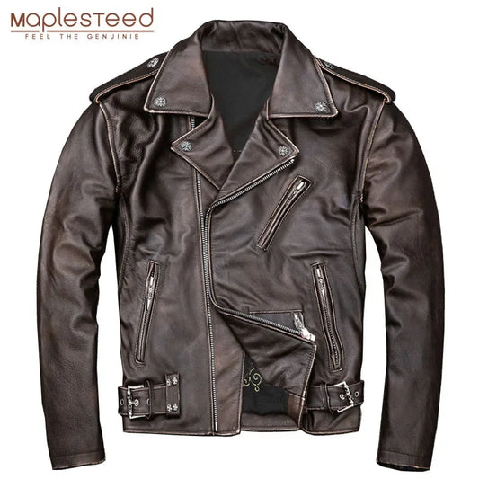 MAPLESTEED Brown Distressed Motorcycle  Men 100% Calf Skin Classic Slim Leather Jacket Man Moto Biker Coat Winter 5XL M190