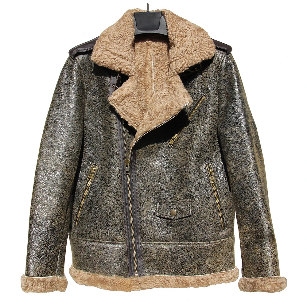 Thick Warm Genuine Sheepskin Real Fur Shearling Jackets for Men Leather Jacket Mens Biker Clothing Men's Coat Winter