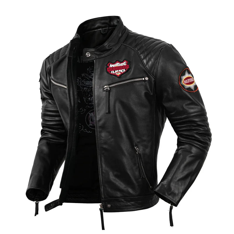 Indian Skull Embroidery Motorcycle Jacket Real Cowhide Leather Jacket Mens Motor Riding Coat Bomber Clothes Autumn Winter