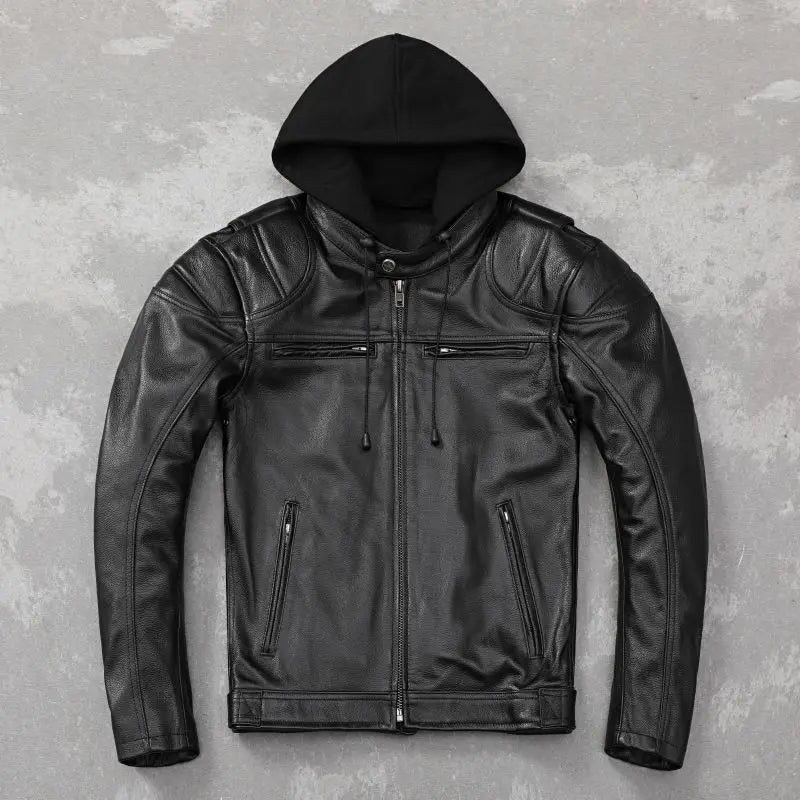 Heavy Motorcycle Jacket Hood Genuine Cowhide Men Leather Jacket Riding Biker Coat Winter Motorbike Jackets Warm Jaquetas